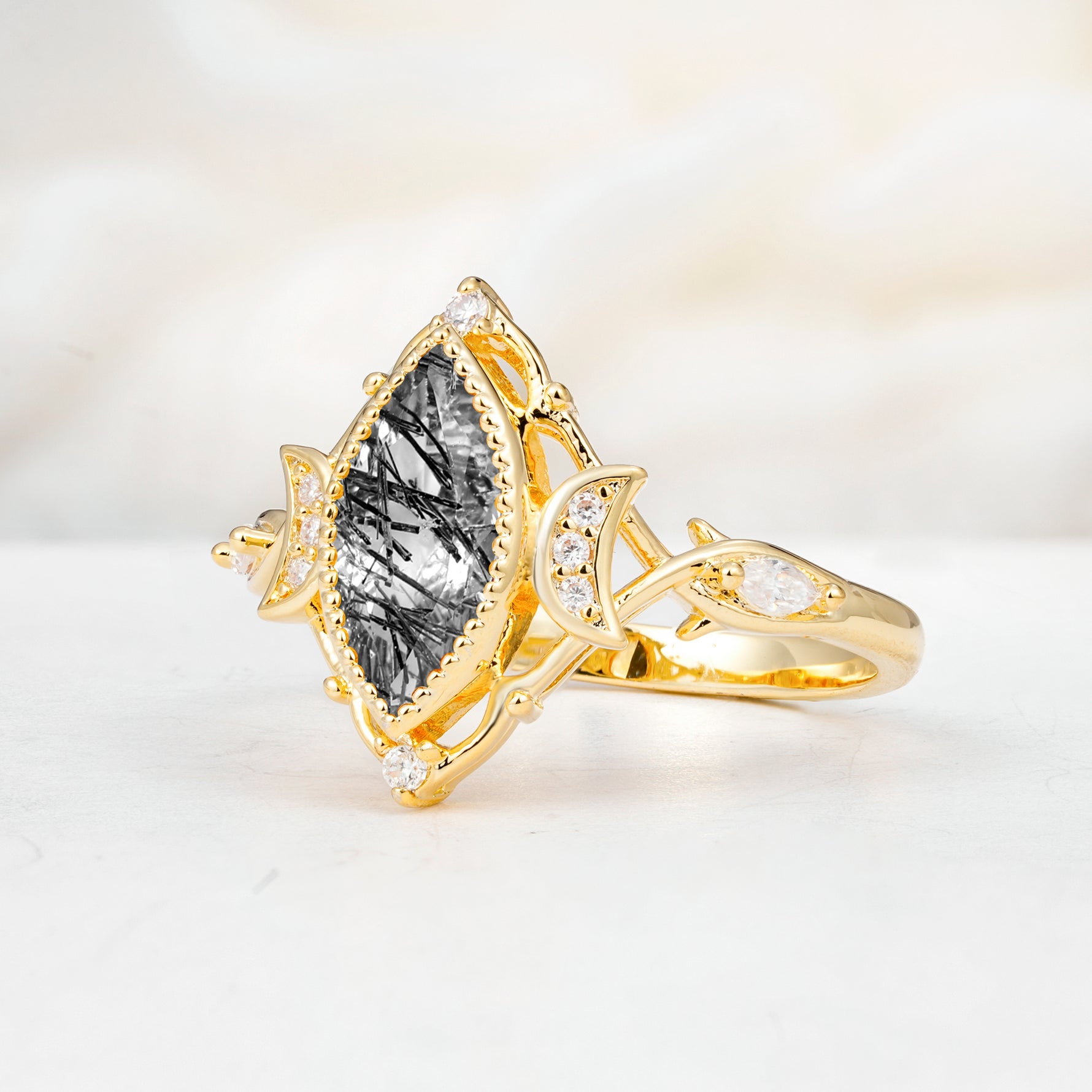 SR17656 Black Rutilated Quartz Ring - White-Gold