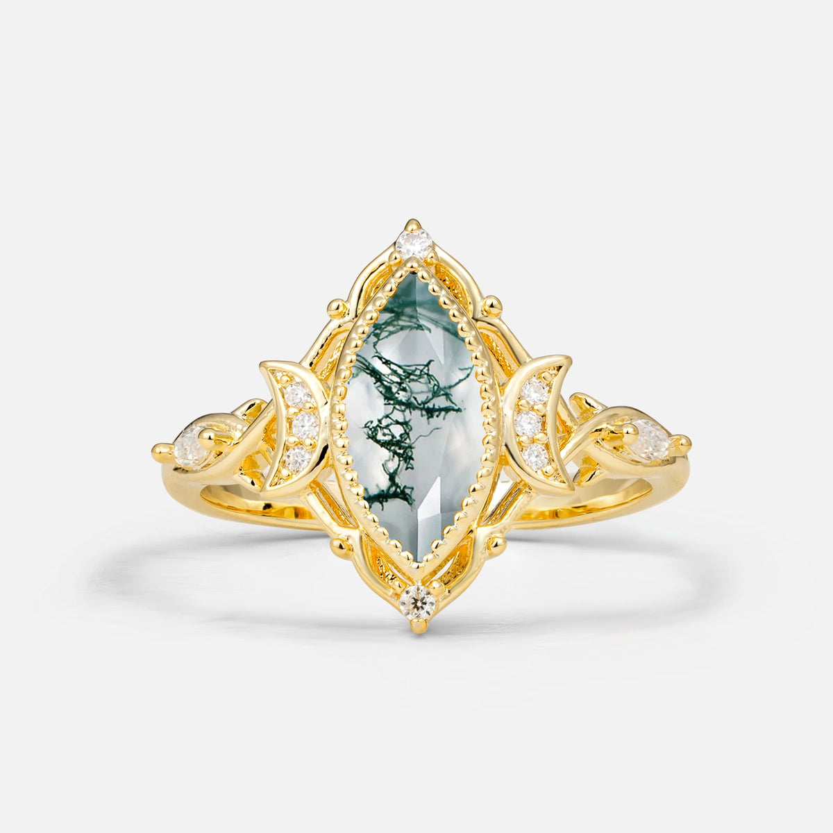 Luxury Marquise Cut Filigree Moss Agate Engagement Ring for Women