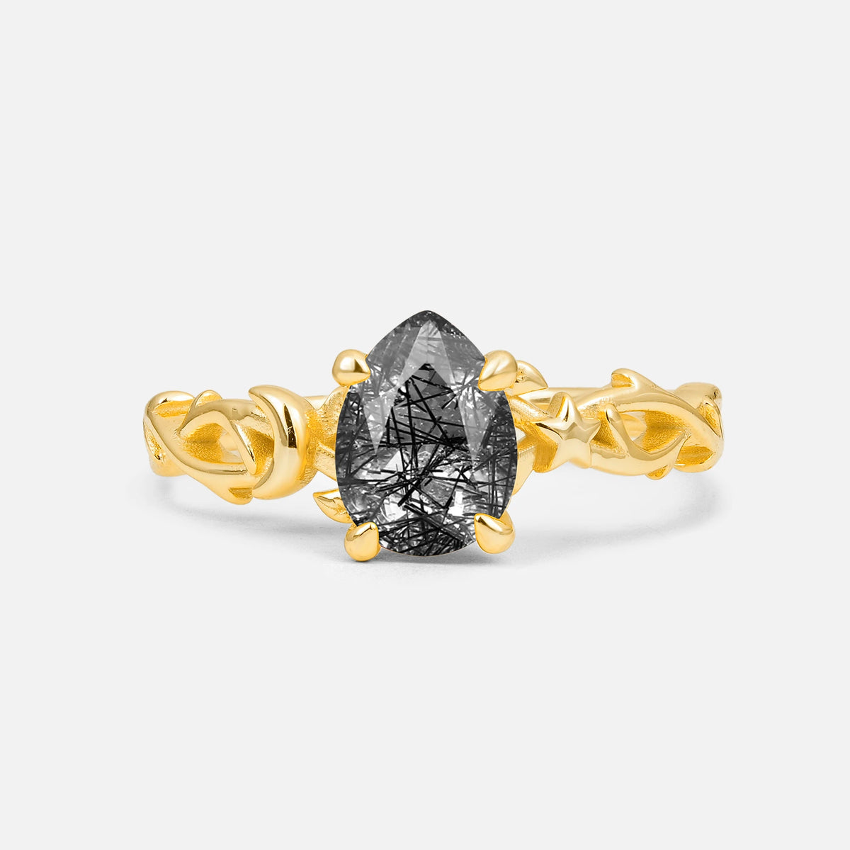 Nature Inspired Pear Cut Black Rutilated Quartz Filigree Engagement Ring