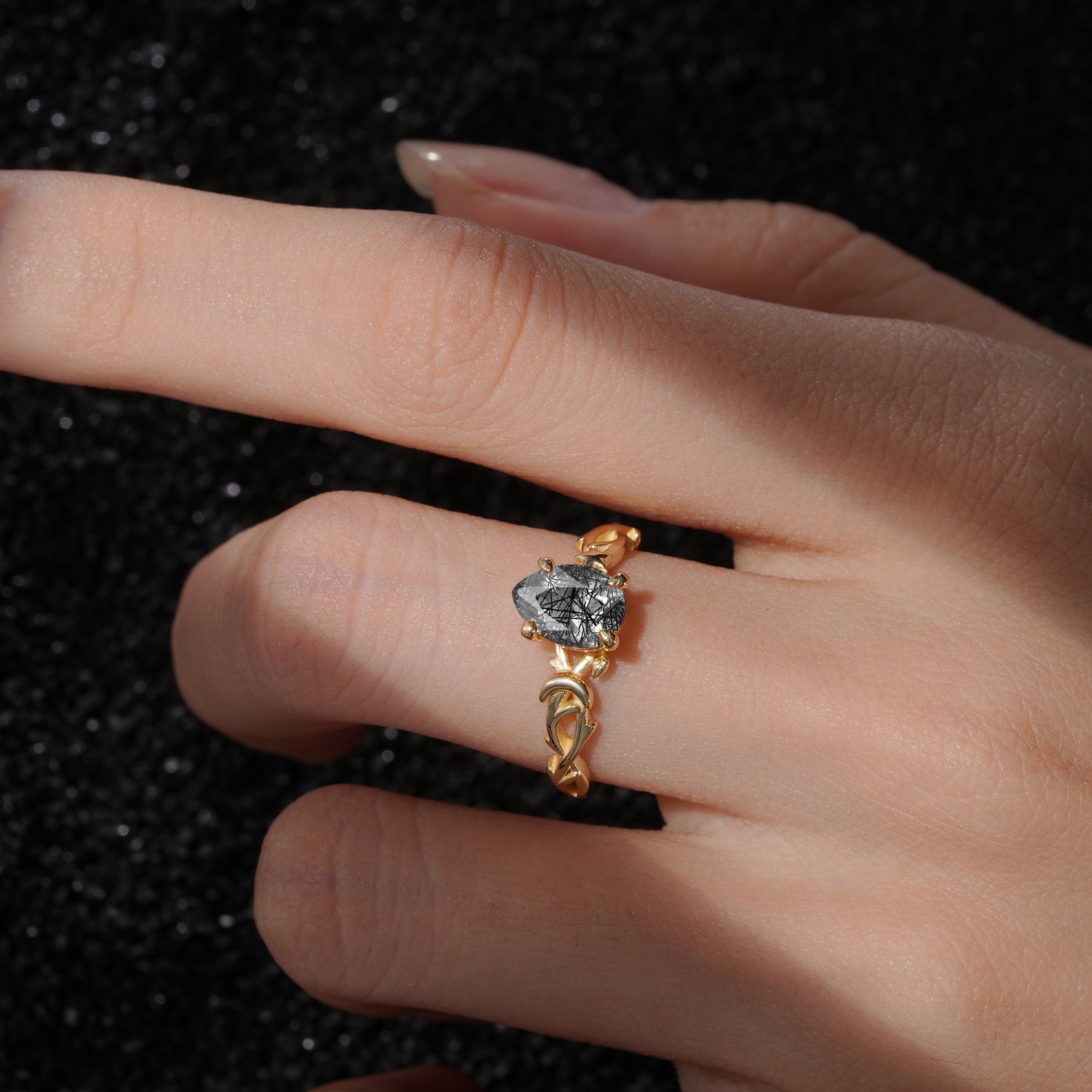 SR17666 Black Rutilated Quartz Ring - Rose-Gold
