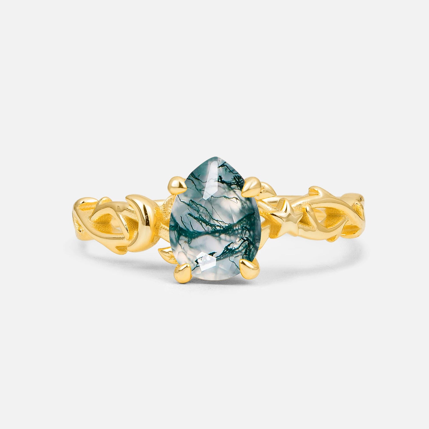 Nature Inspired Pear Cut Moss Agate Filigree Engagement Ring