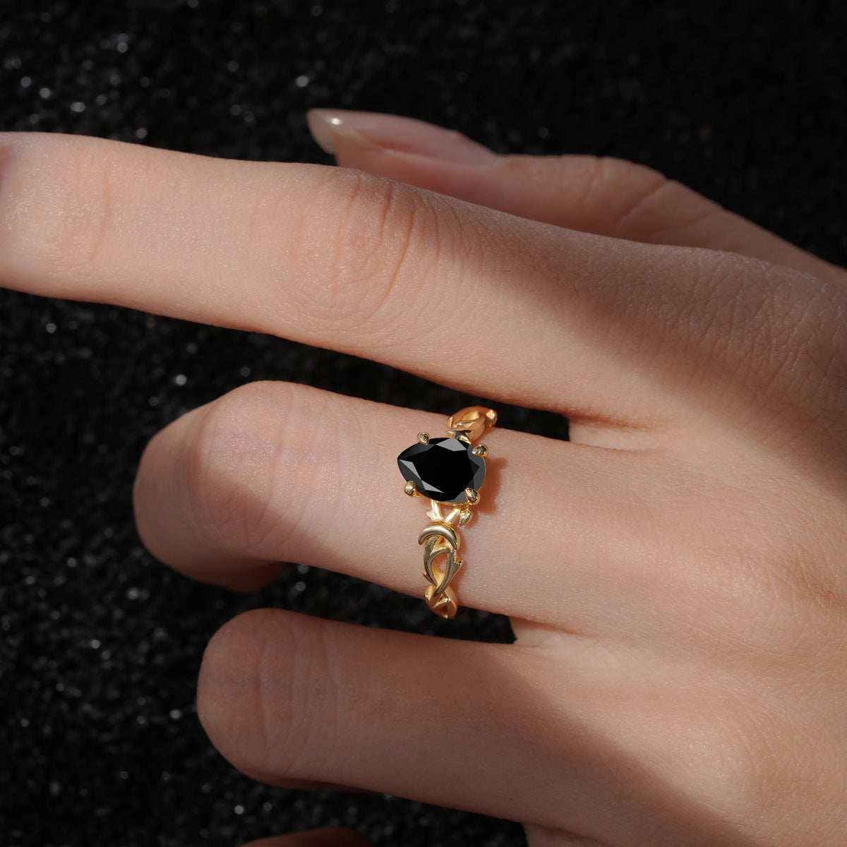 Nature Inspired Pear Cut Filigree Black Onyx Engagement Ring