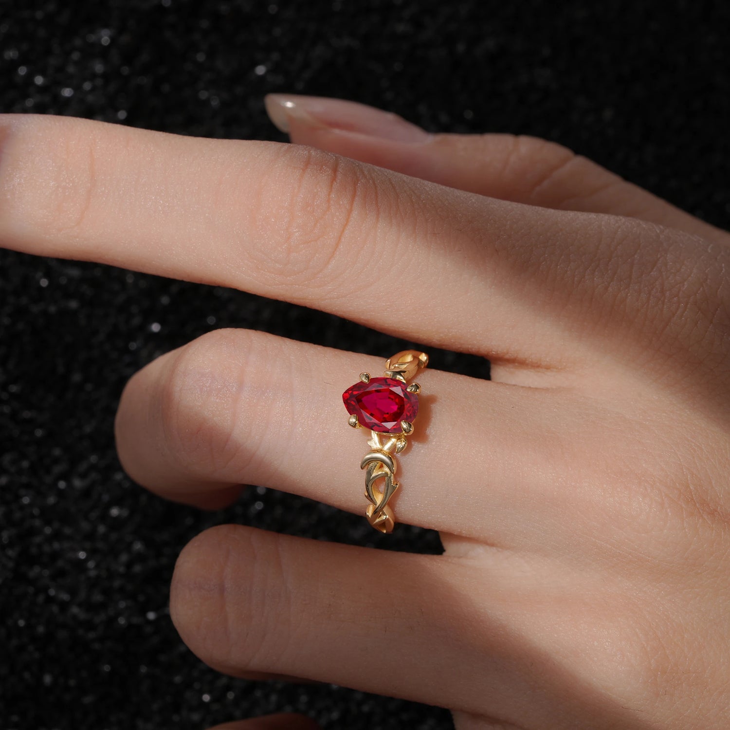 Nature Inspired Pear Cut Filigree Ruby Engagement Ring