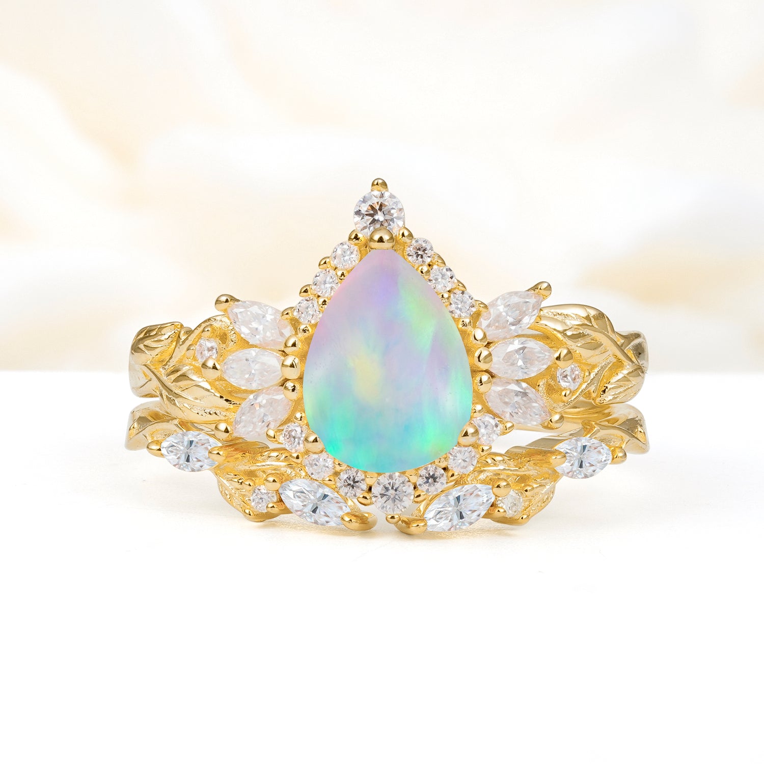 Nature-Inspired Pear Cut Fire Opal Bridal Ring Set for Women