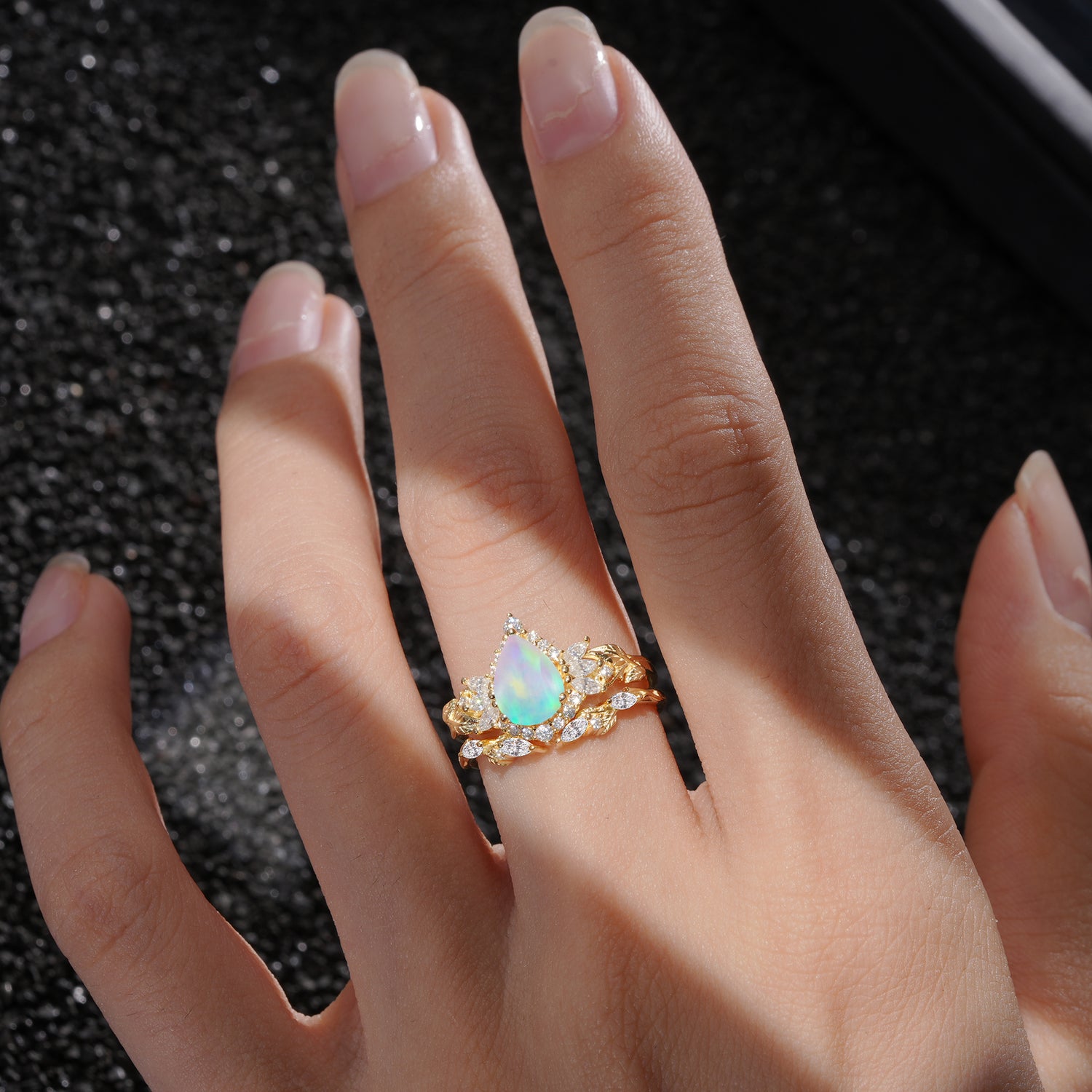Nature-Inspired Pear Cut Opal Bridal Ring Set for Women
