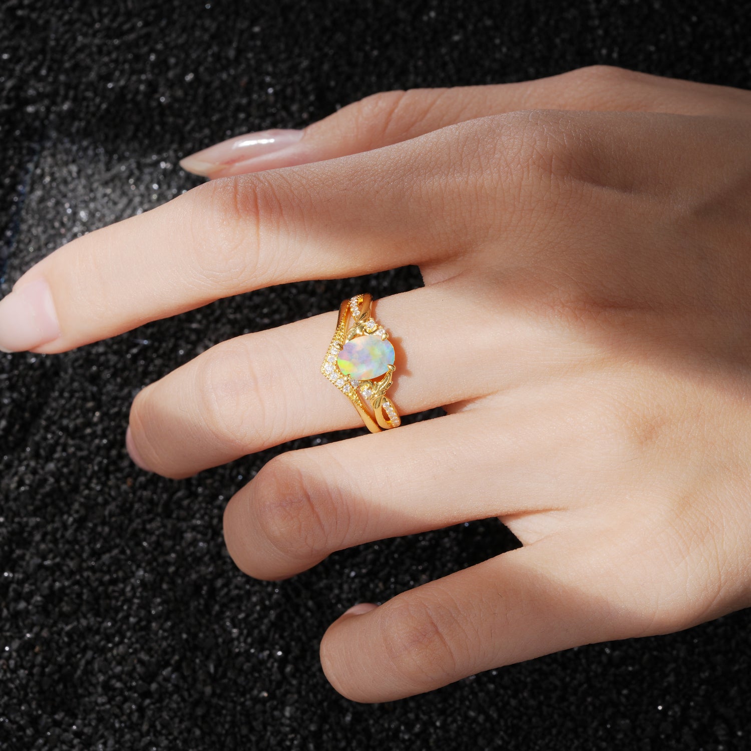 Classic Sparkling Oval Opal Engagement Ring with Ring