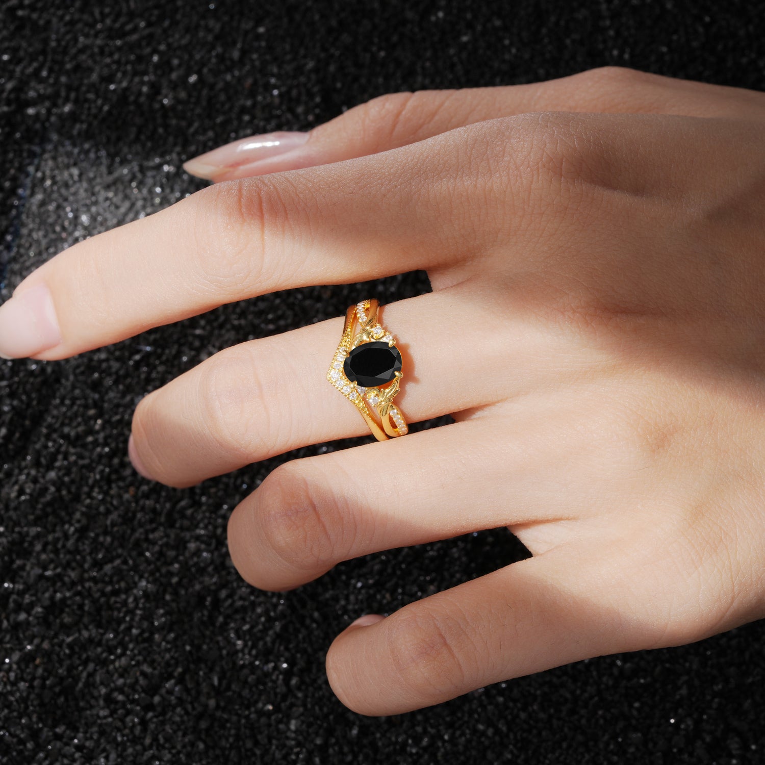 Classic Sparkling Oval Black Onyx Engagement Ring with Ring