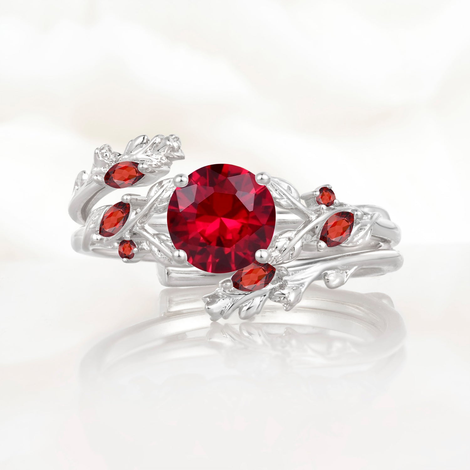 Nature Inspired Leaf Round Ruby Engagement Ring Set-Customized