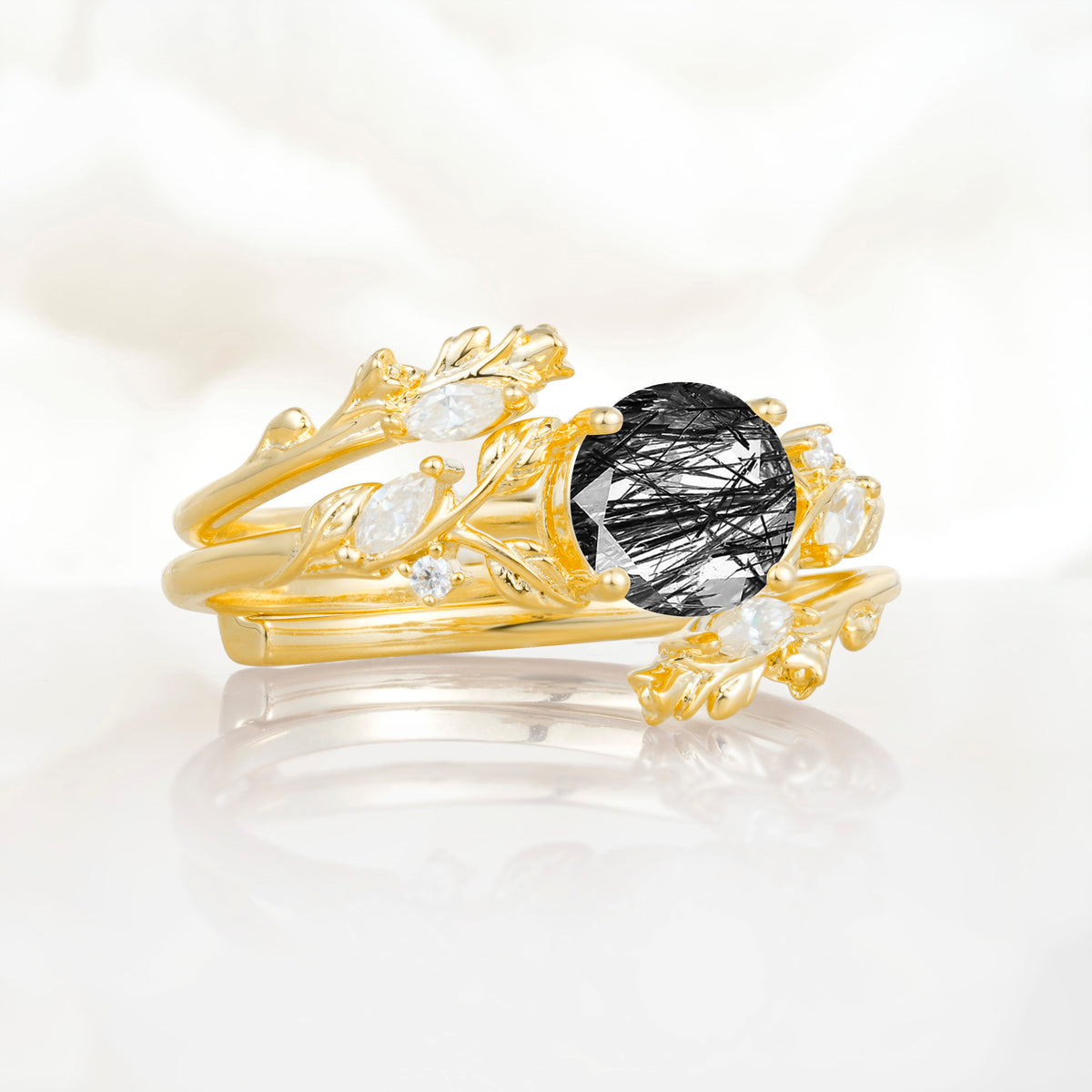 SR17688 Black Rutilated Quartz Ring - White-Gold