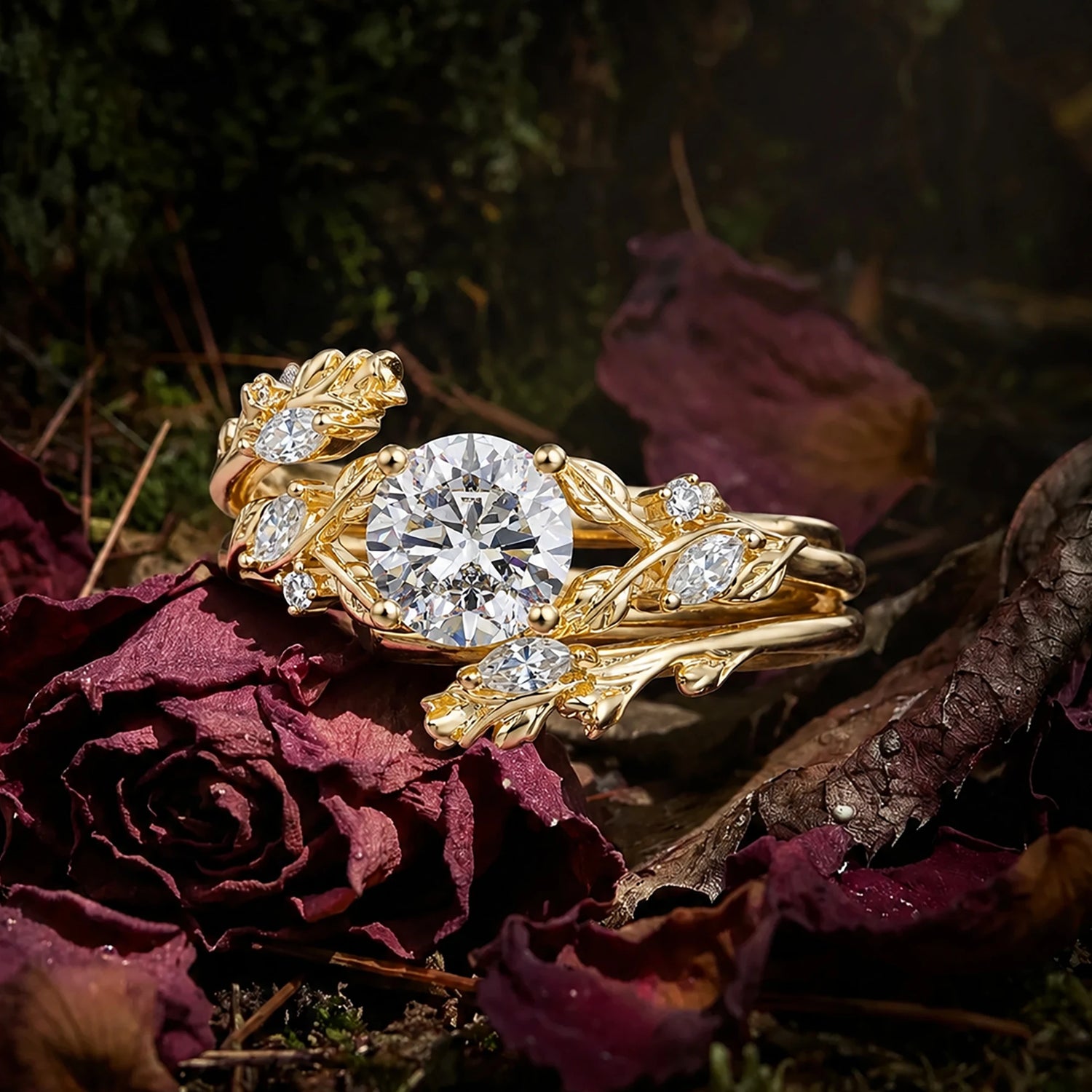 Nature Inspired Leaf Round Moissanite Engagement Ring Set