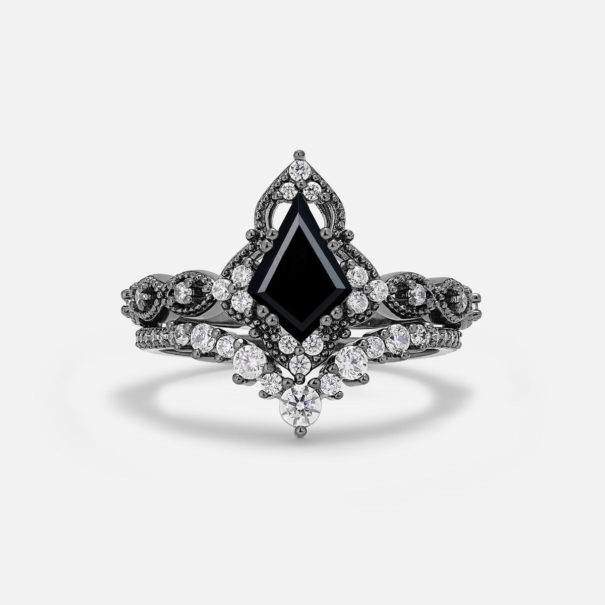 Halloween Kite Cut Black Onyx Tiara Bridal Ring Set