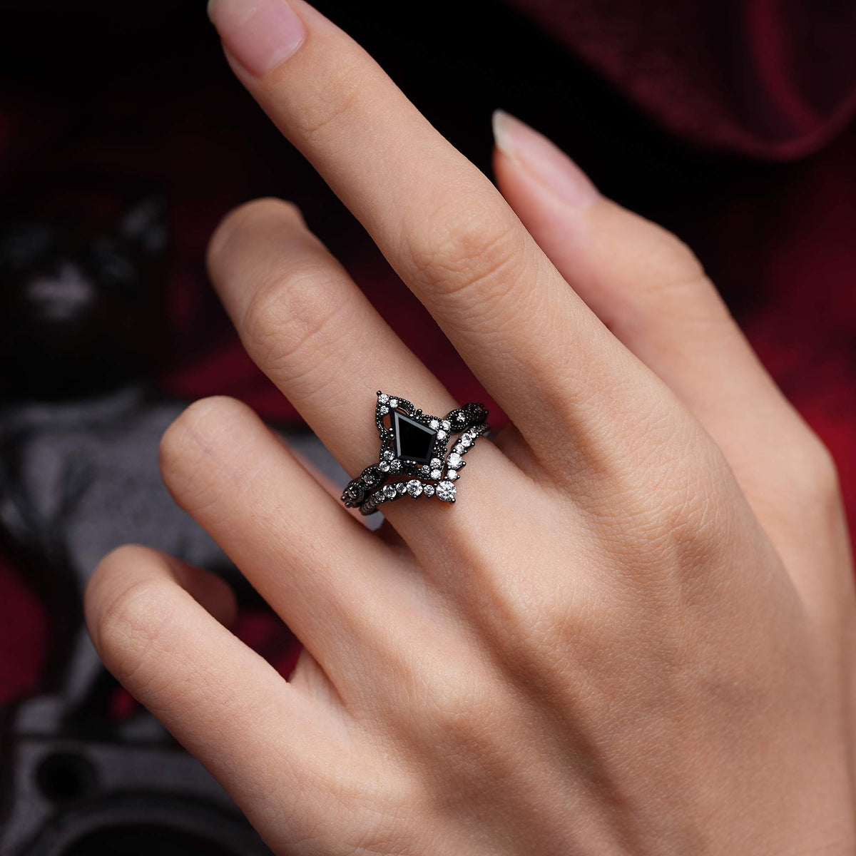 Halloween Kite Cut Black Onyx Tiara Bridal Ring Set