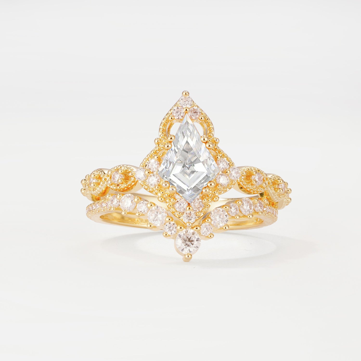 Vintage Kite Cut Moissanite Crown Engagement Ring Set