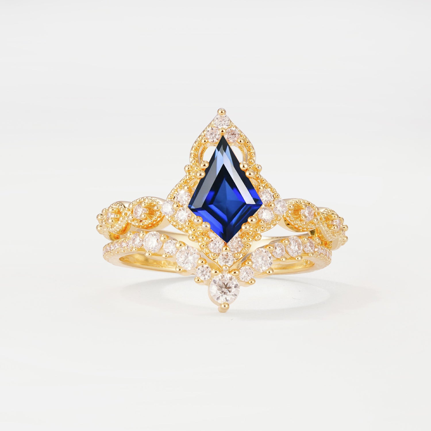 Vintage Kite Cut Sapphire Crown Engagement Ring Set