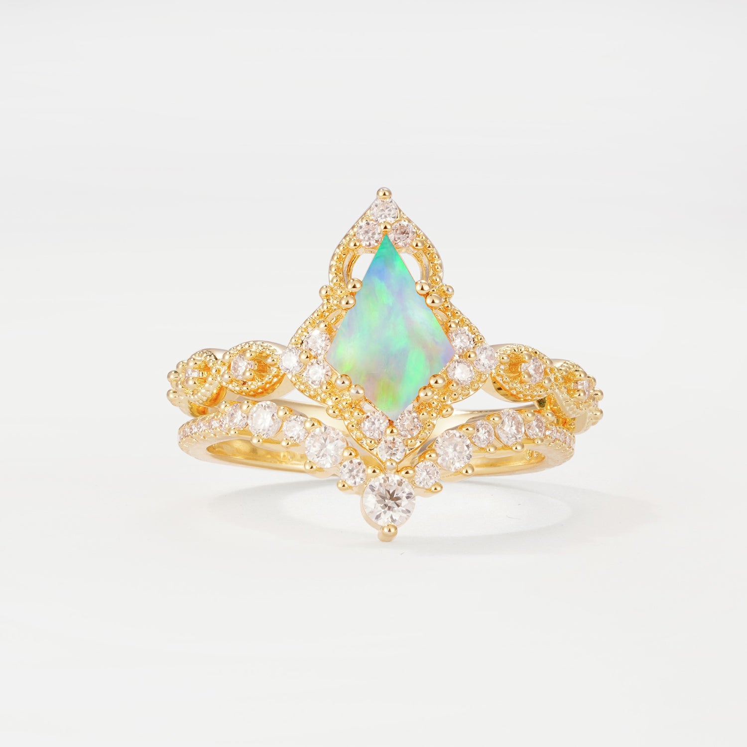 Vintage Kite Cut Fire Opal Crown Engagement Ring Set