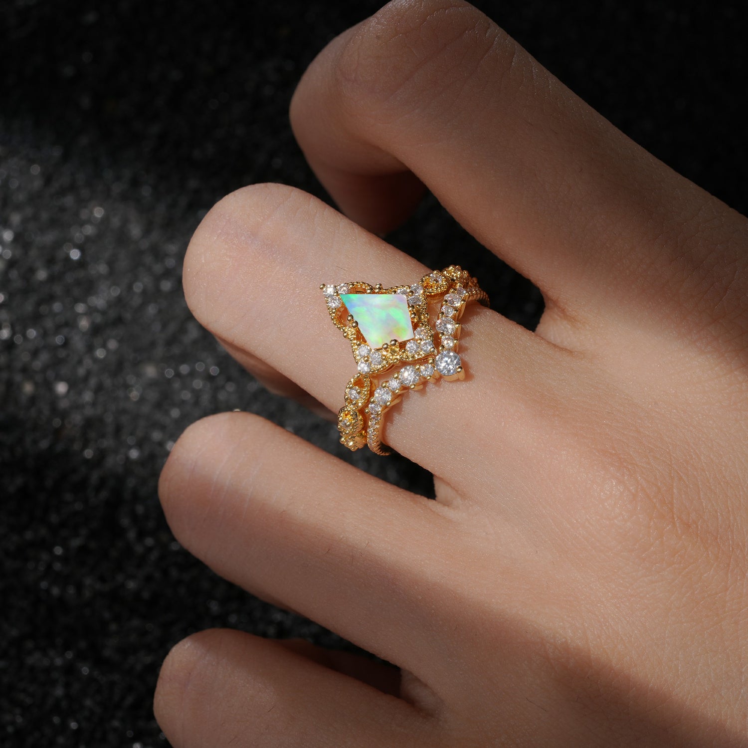 Vintage Kite Cut Fire Opal Crown Engagement Ring Set