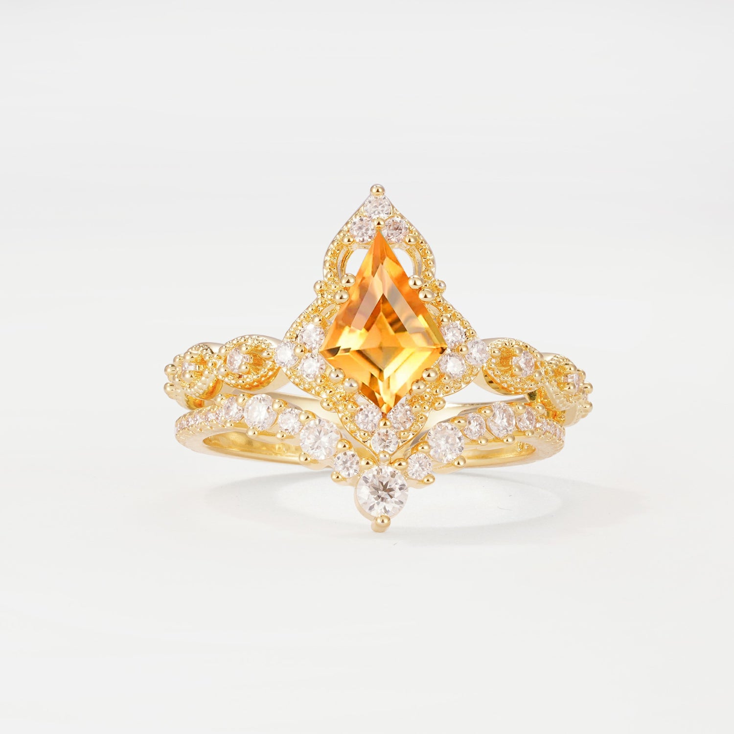 Vintage Kite Cut Citrine Crown Engagement Ring Set