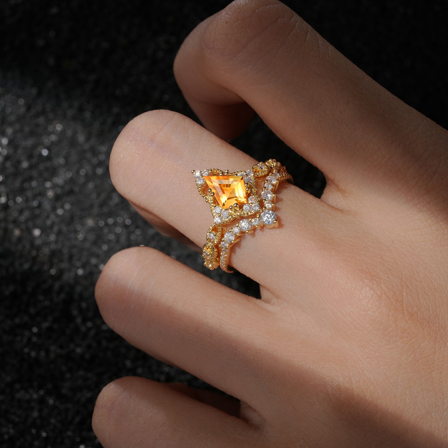 Vintage Kite Cut Citrine Crown Engagement Ring Set