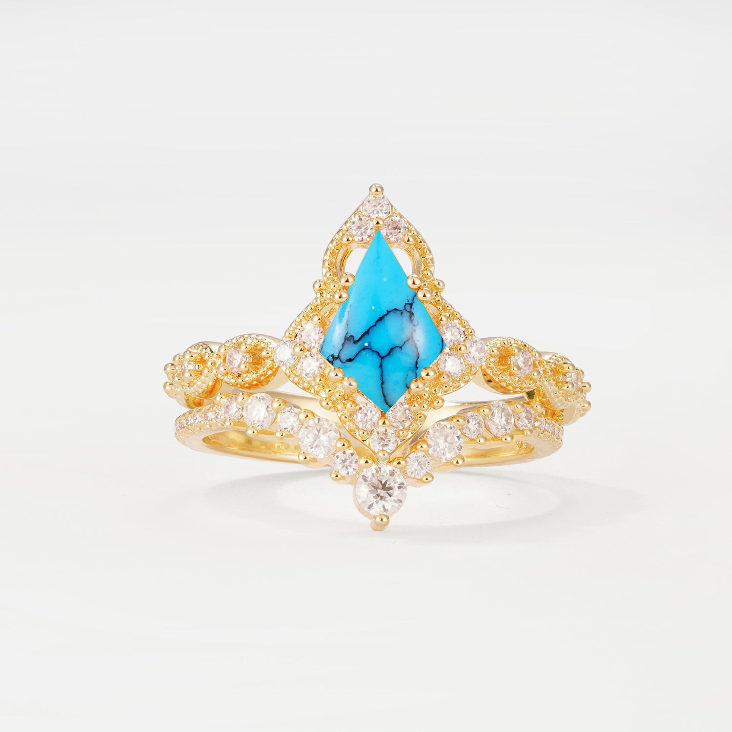 Vintage Kite Cut Turquoise Crown Engagement Ring Set