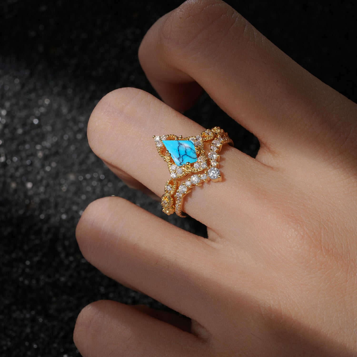 Vintage Kite Cut Turquoise Crown Engagement Ring Set
