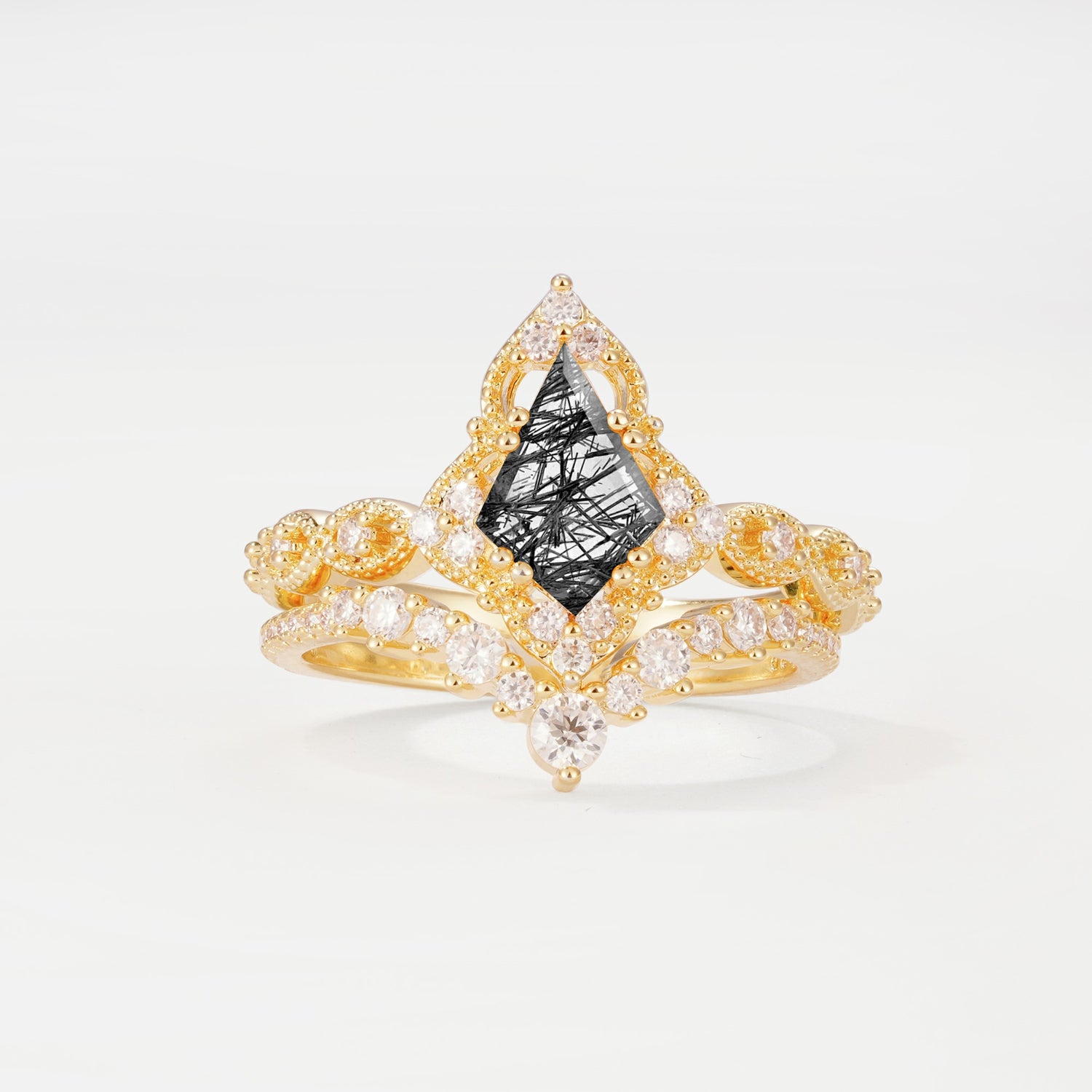 Vintage Kite Cut Black Rutilated Quartz Crown Engagement Ring Set