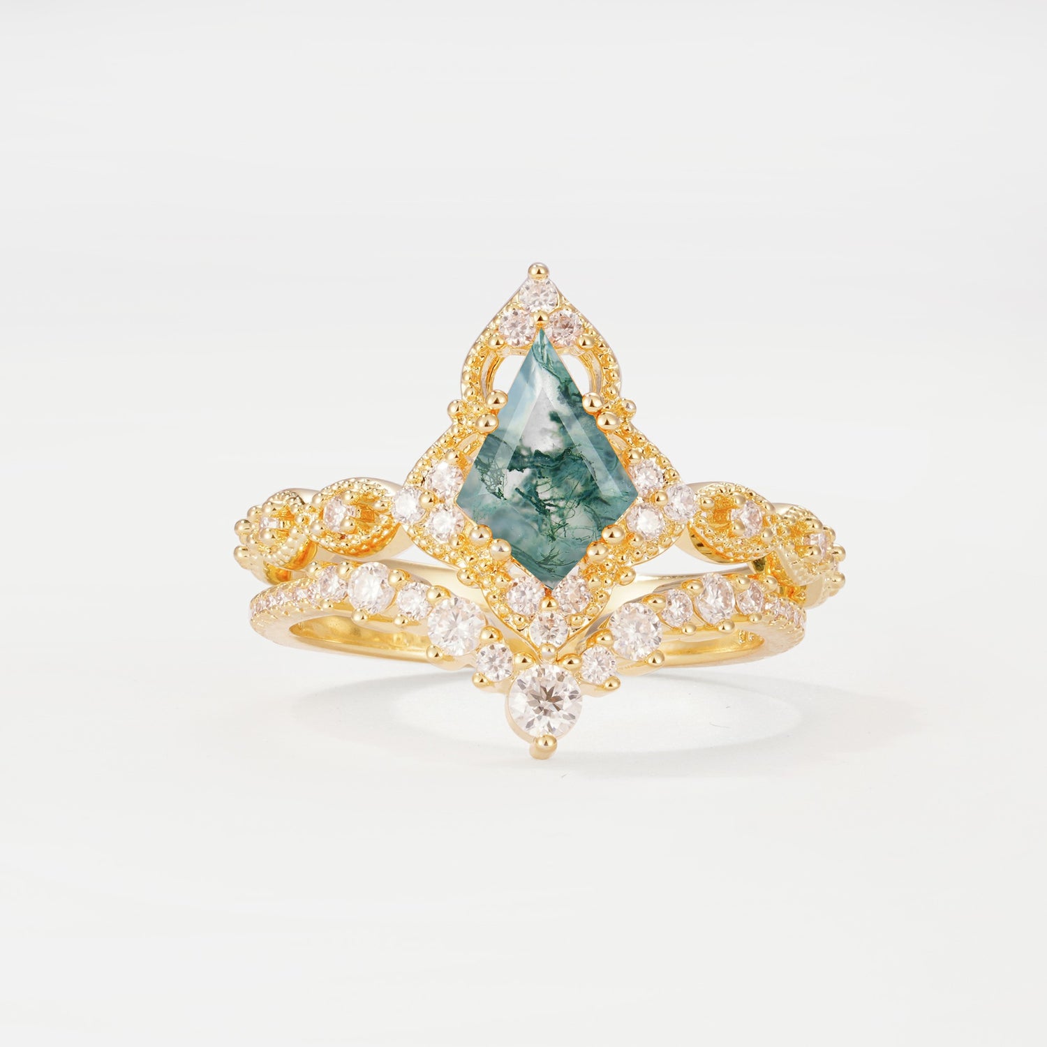 Vintage Kite Cut Moss Agate Crown Engagement Ring Set