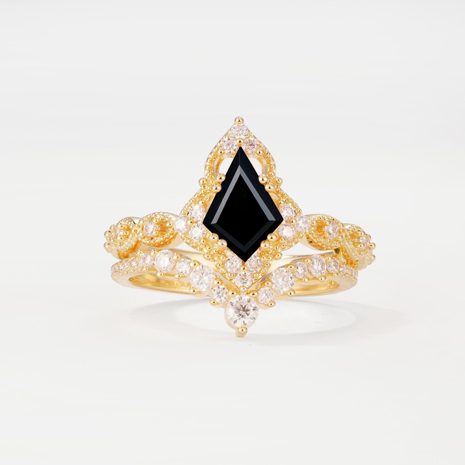 Vintage Kite Cut Black Onyx Crown Engagement Ring Set