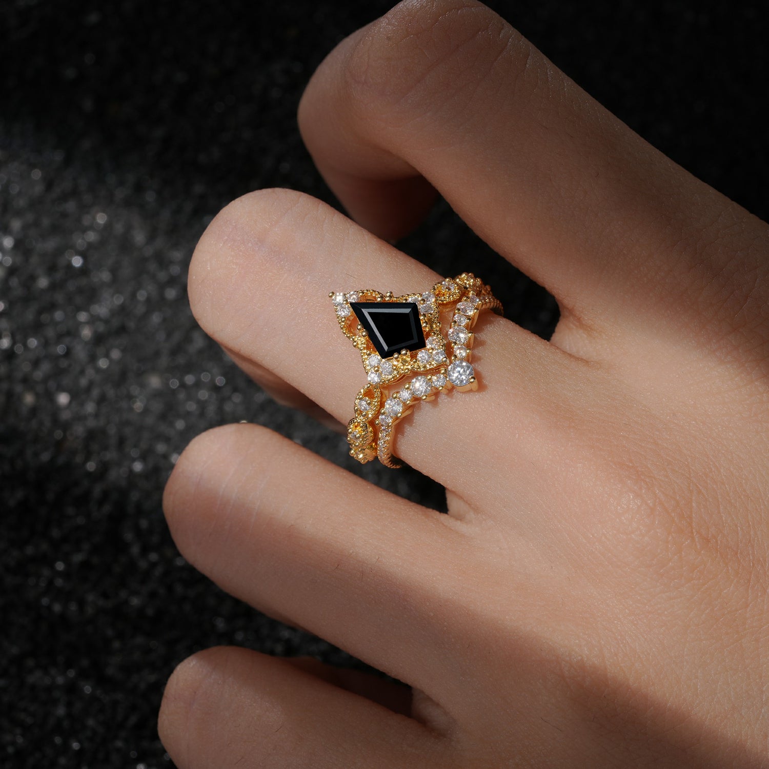 Vintage Kite Cut Black Onyx Crown Engagement Ring Set