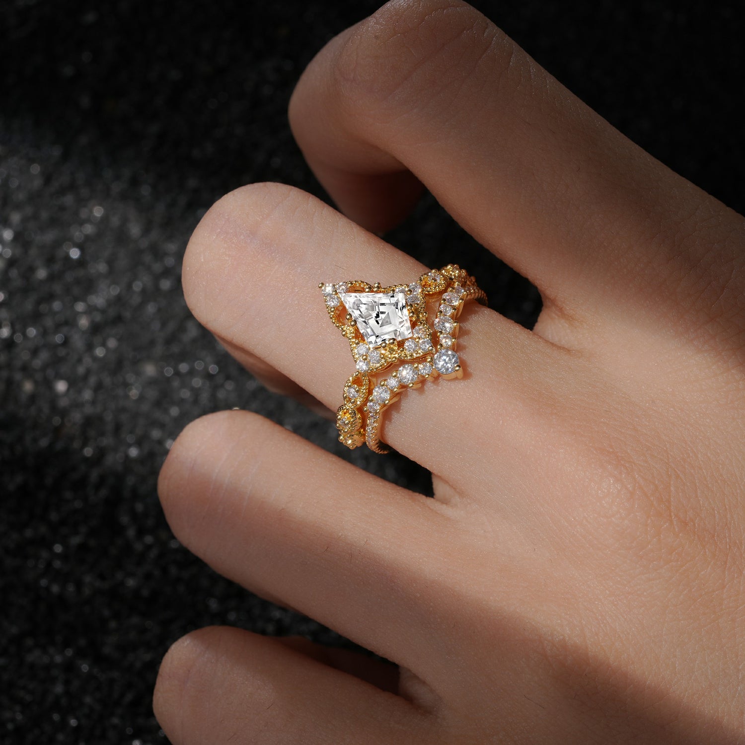 Vintage Kite Cut Lab Diamond Crown Engagement Ring Set