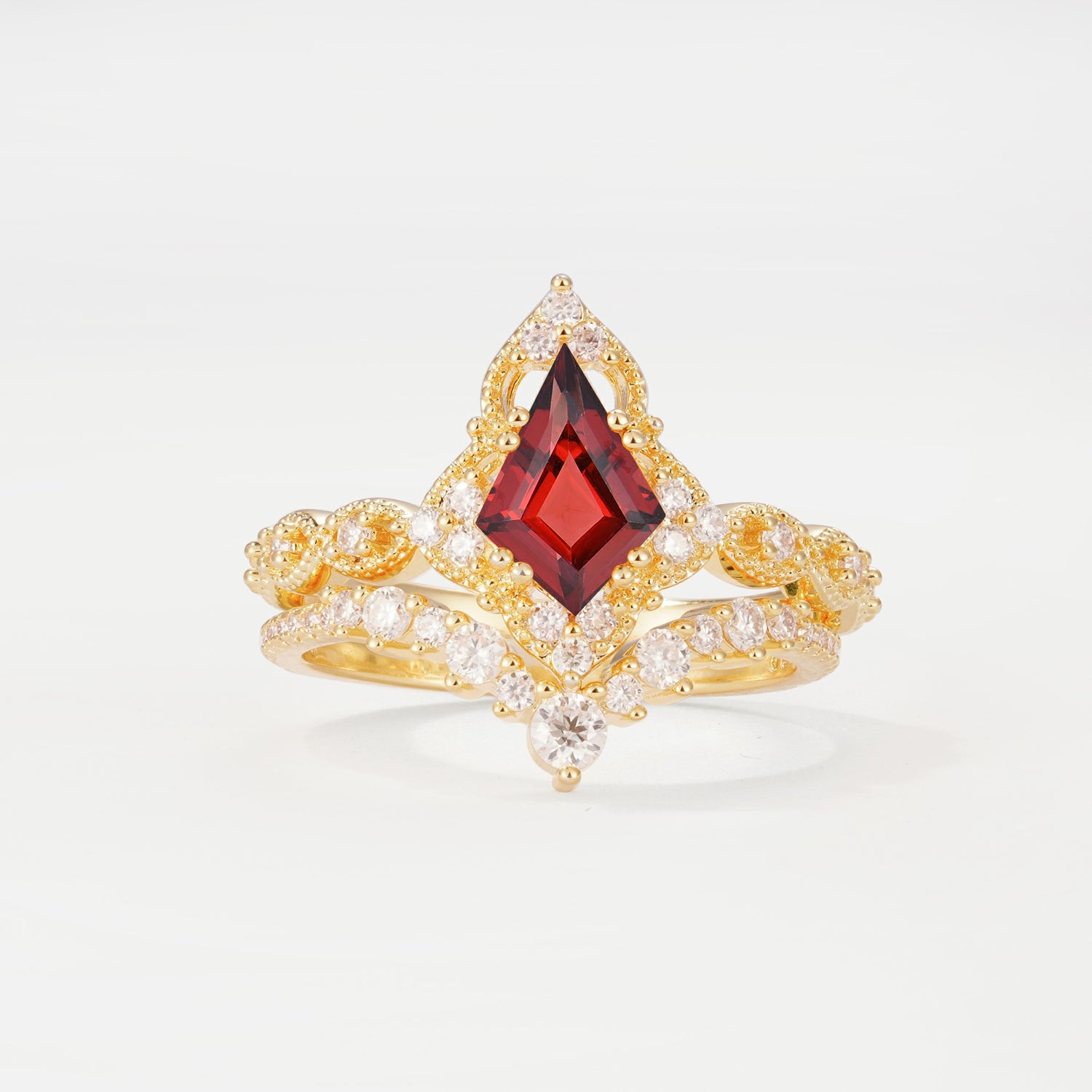 Vintage Kite Cut Garnet Crown Engagement Ring Set