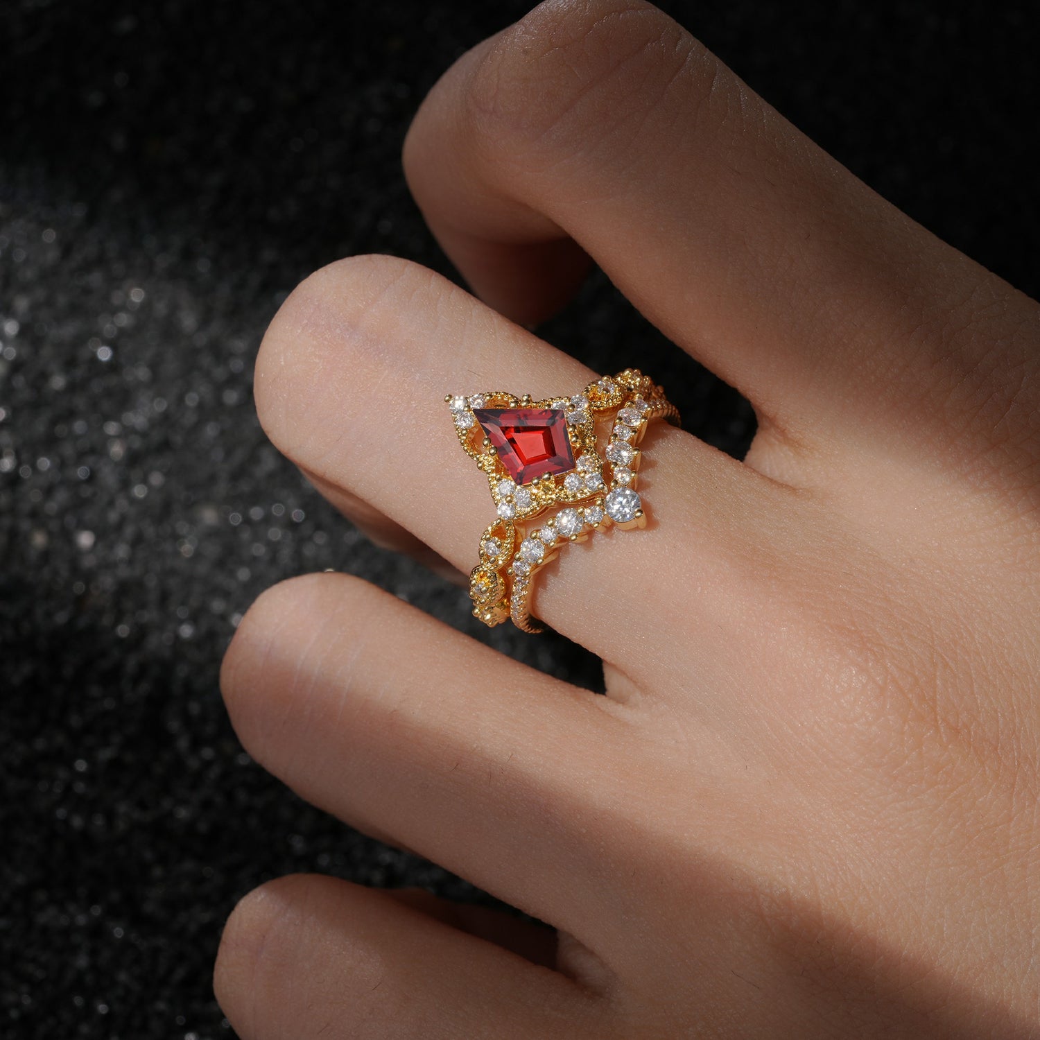 Vintage Kite Cut Garnet Crown Engagement Ring Set