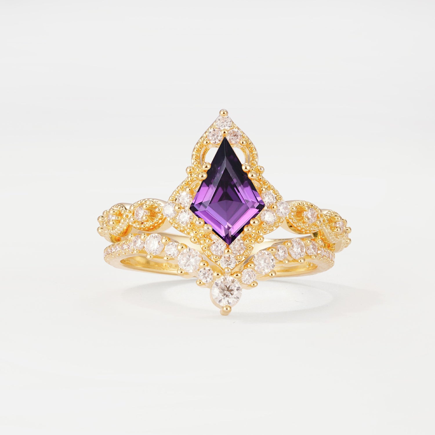 Vintage Kite Cut Amethyst Crown Engagement Ring Set