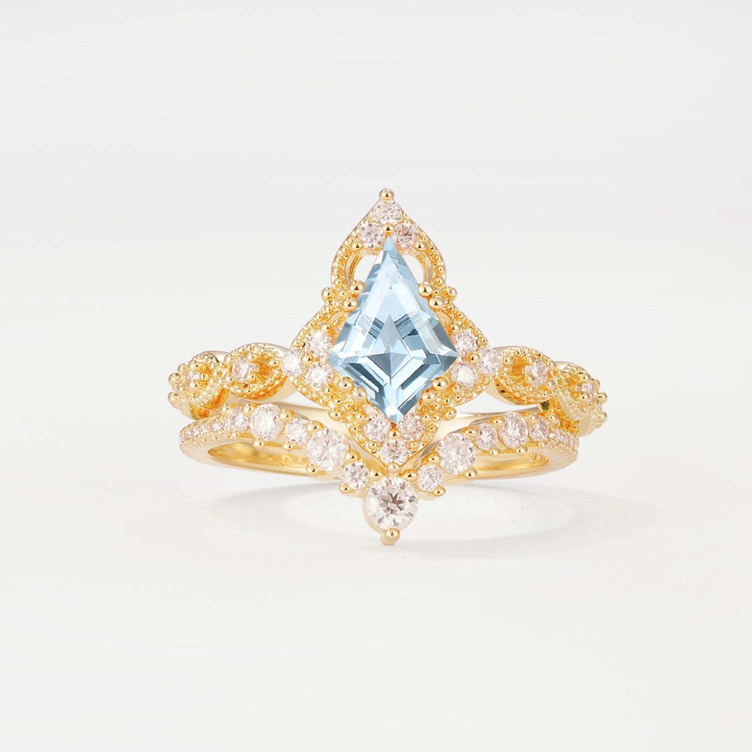 Vintage Kite Cut Aquamarine Crown Engagement Ring Set