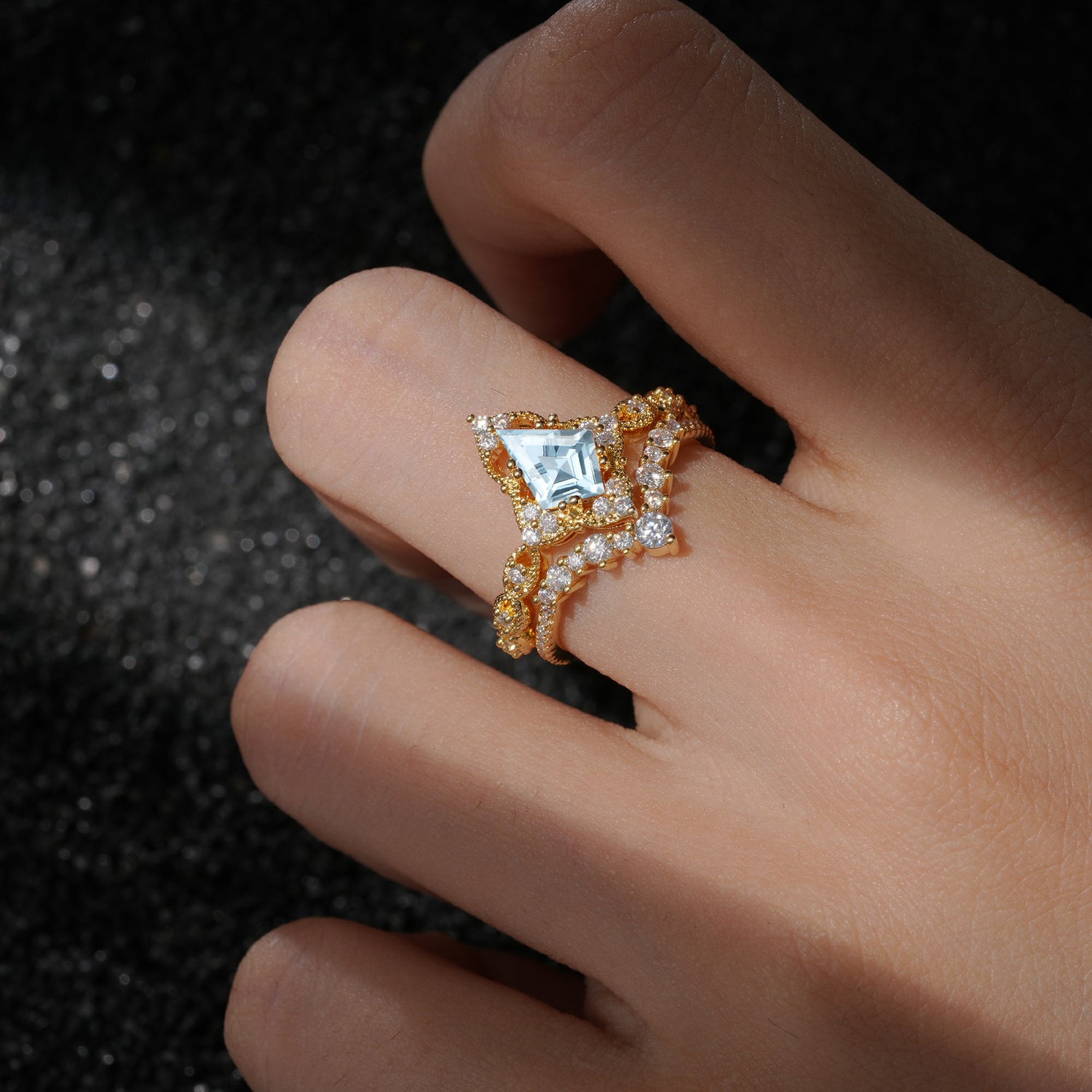 Vintage Kite Cut Aquamarine Crown Engagement Ring Set
