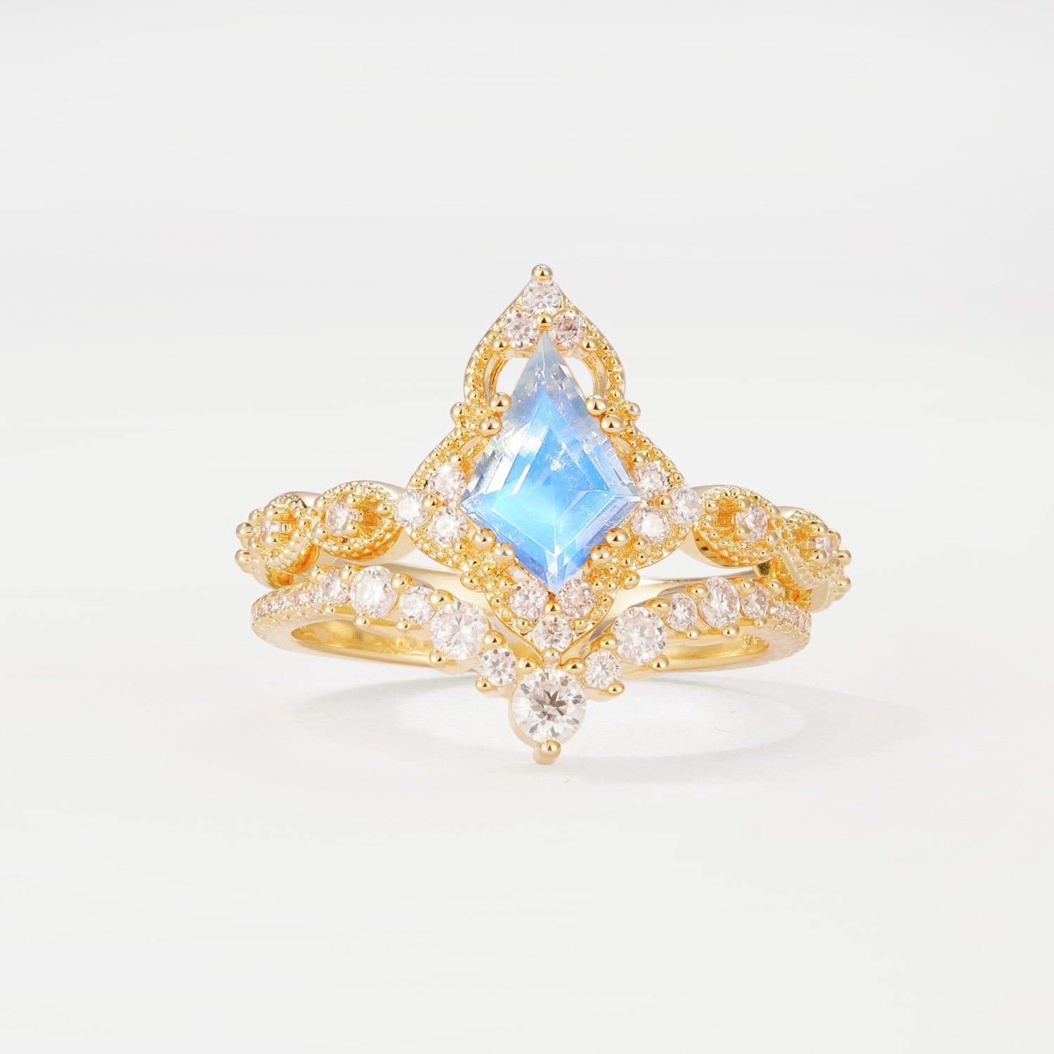 Vintage Kite Cut Moonstone Crown Engagement Ring Set