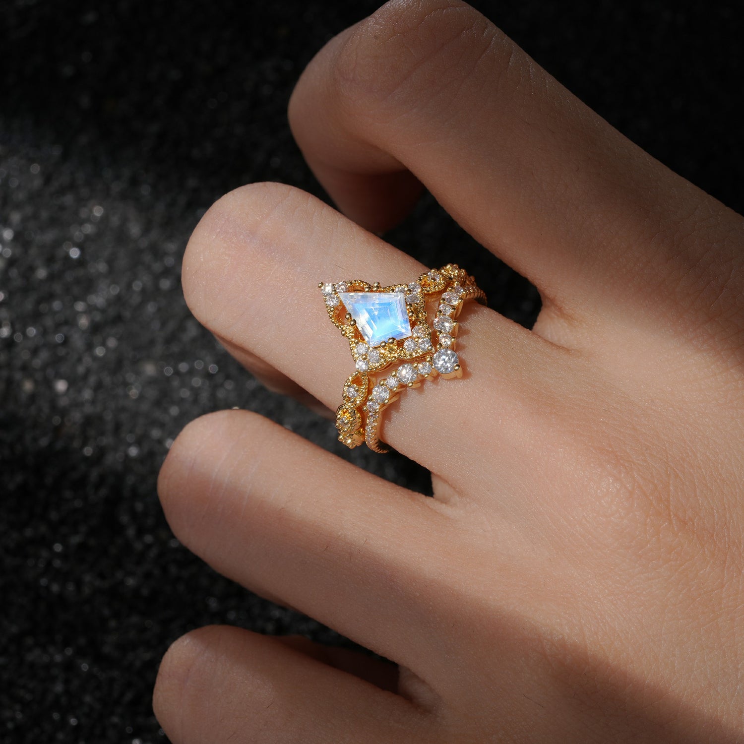 Vintage Kite Cut Moonstone Crown Engagement Ring Set
