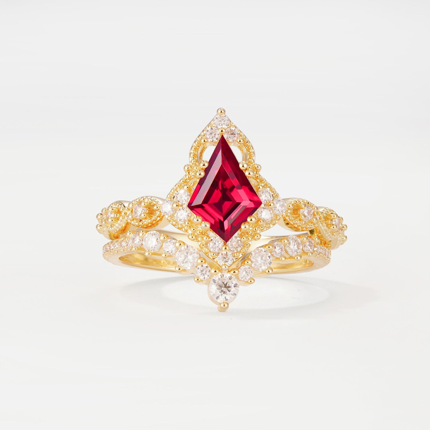 Vintage Kite Cut Ruby Crown Engagement Ring Set