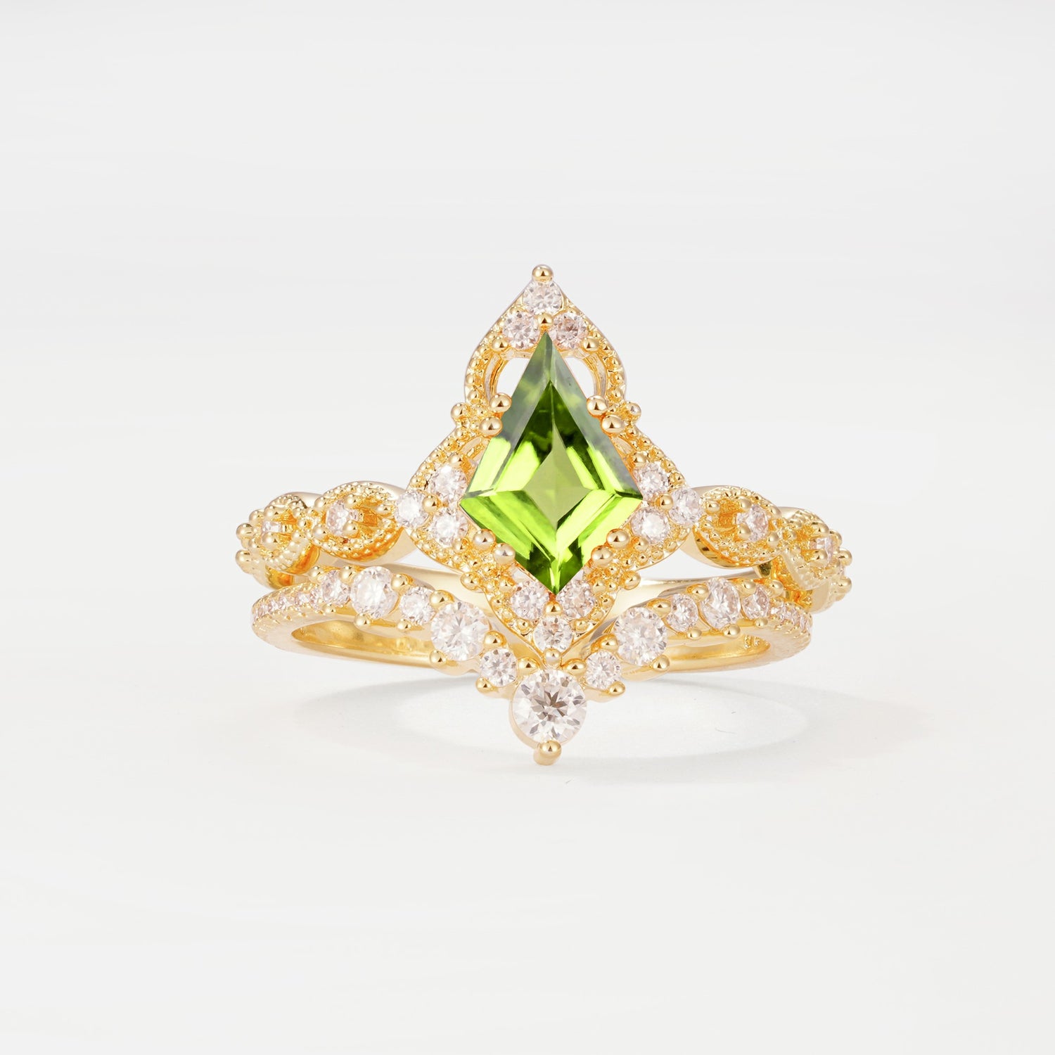 Vintage Kite Cut Peridot Crown Engagement Ring Set