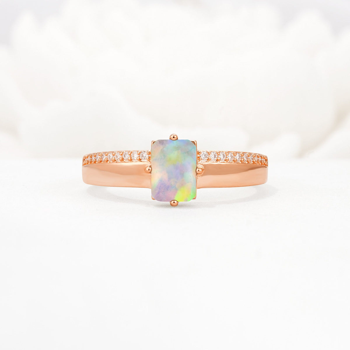 Emerald Cut Fire Opal Tapered Pavé Solitaire Engagement Ring - Additional view