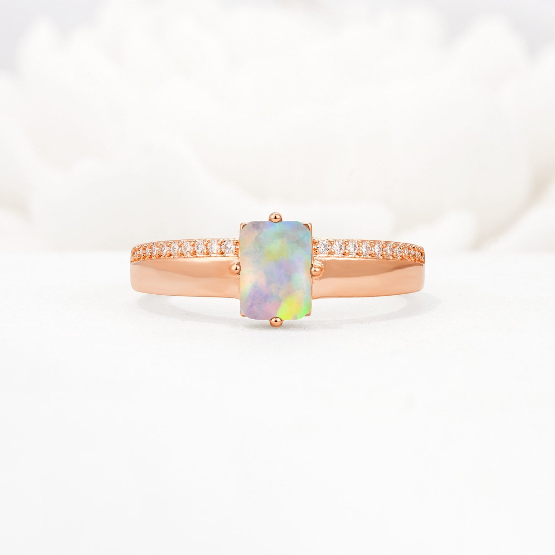 Emerald Cut Fire Opal Tapered Pavé Solitaire Engagement Ring - Additional view