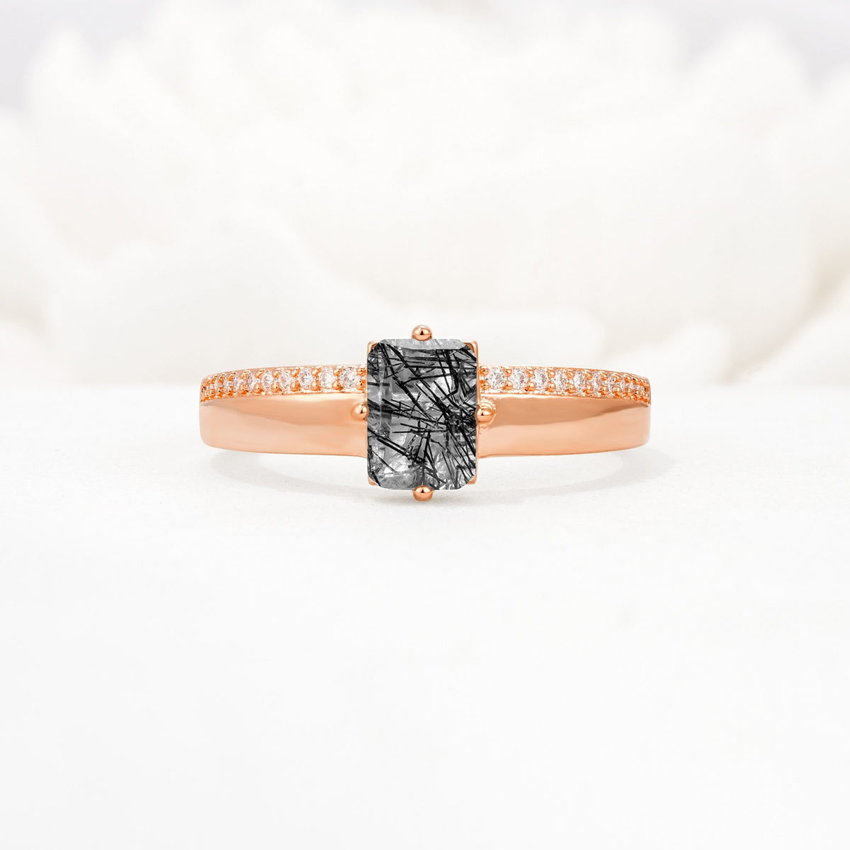 Emerald Cut Black Rutilated Quartz Tapered Pavé Solitaire Engagement Ring - Additional view
