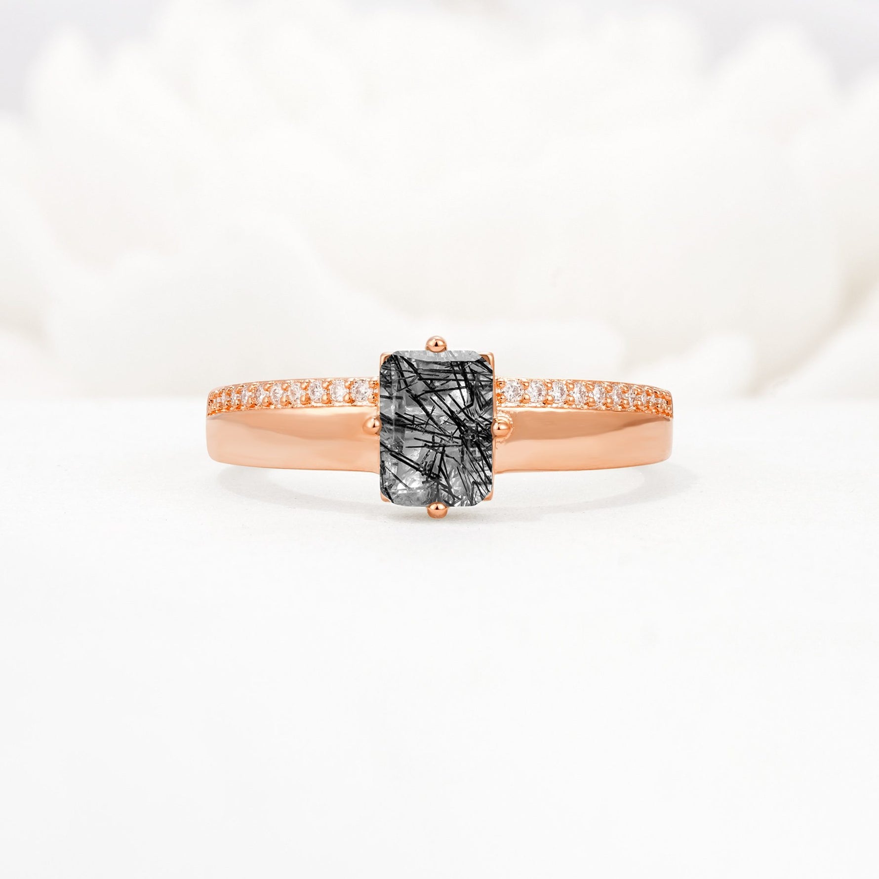 Emerald Cut Black Rutilated Quartz Tapered Pavé Solitaire Engagement Ring - Additional view