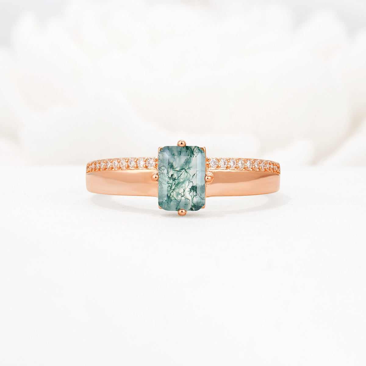 Emerald Cut Moss Agate Tapered Pavé Solitaire Engagement Ring - Additional view