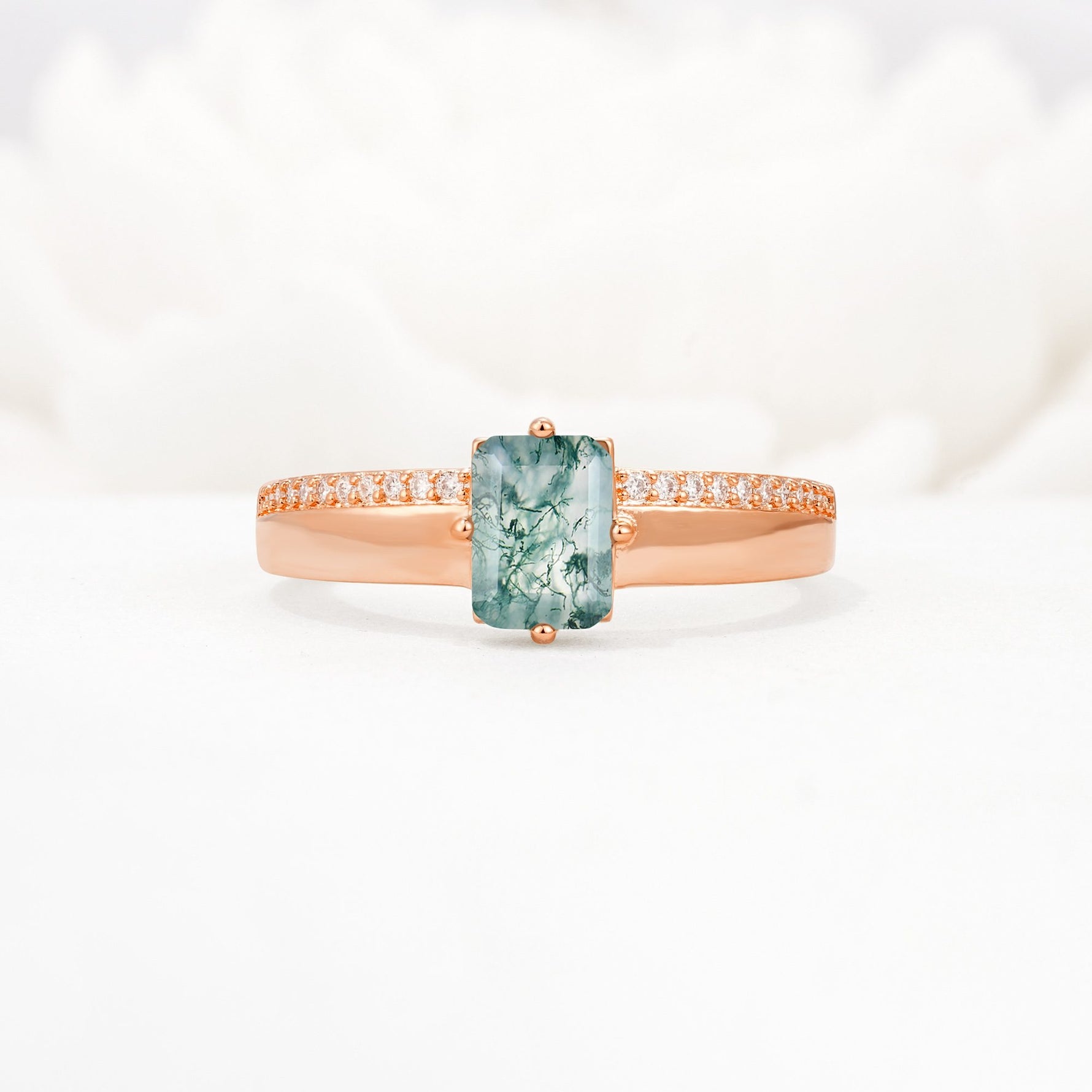 Emerald Cut Moss Agate Tapered Pavé Solitaire Engagement Ring - Additional view