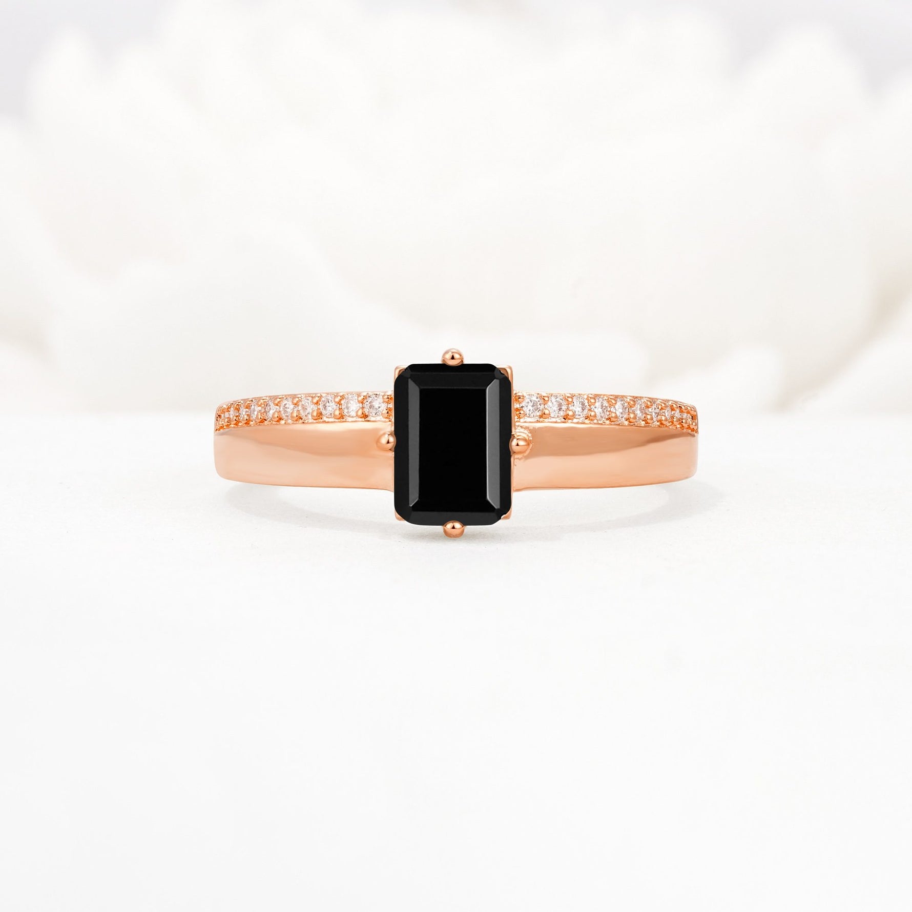 Emerald Cut Black Onyx Tapered Pavé Solitaire Engagement Ring - Additional view