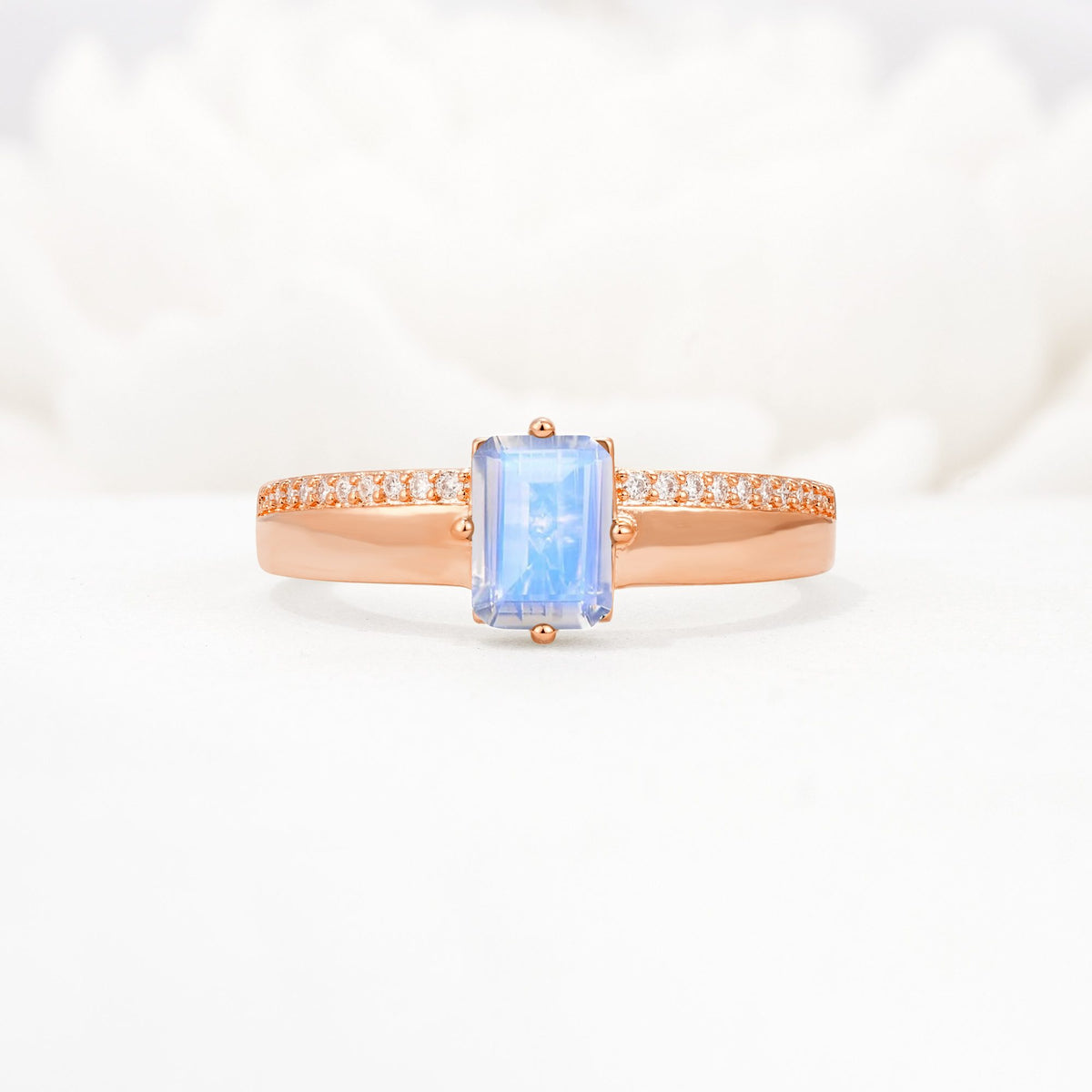 Emerald Cut Moonstone Tapered Pavé Solitaire Engagement Ring - Additional view