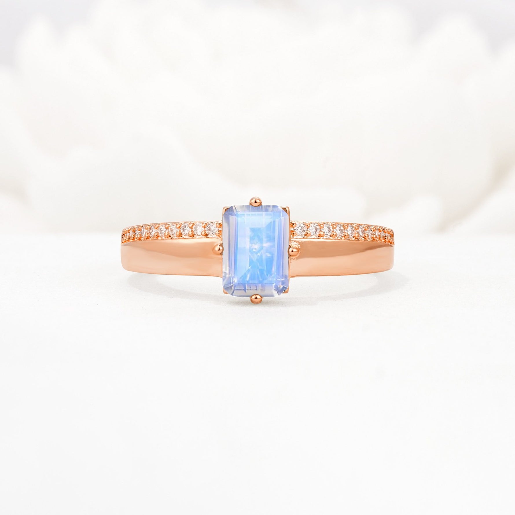 Emerald Cut Moonstone Tapered Pavé Solitaire Engagement Ring - Additional view