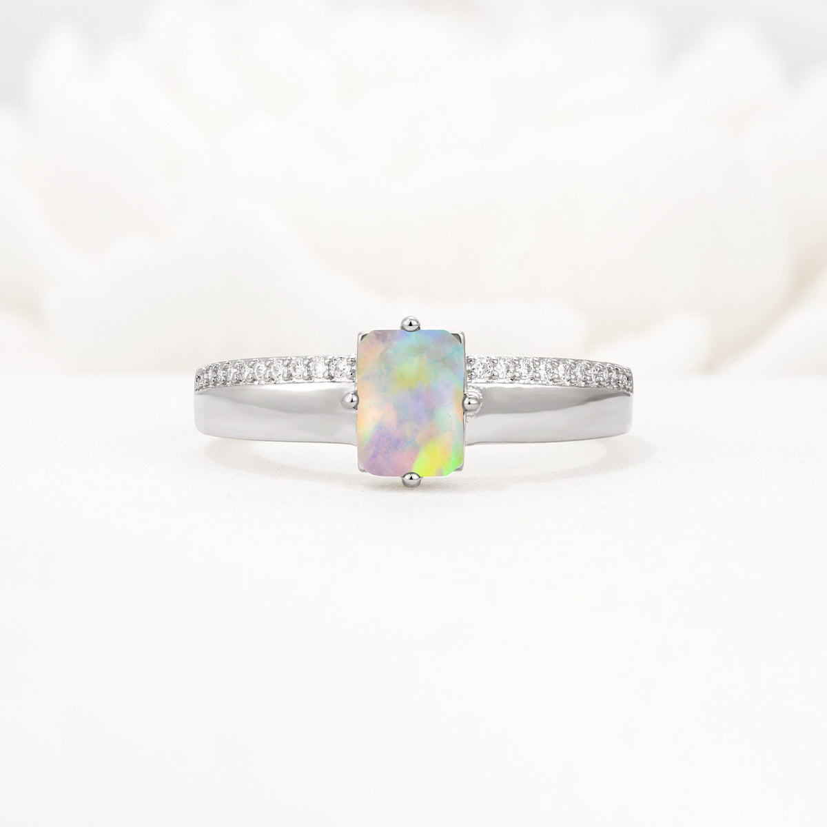 Emerald Cut Fire Opal Tapered Pavé Solitaire Engagement Ring - Additional view