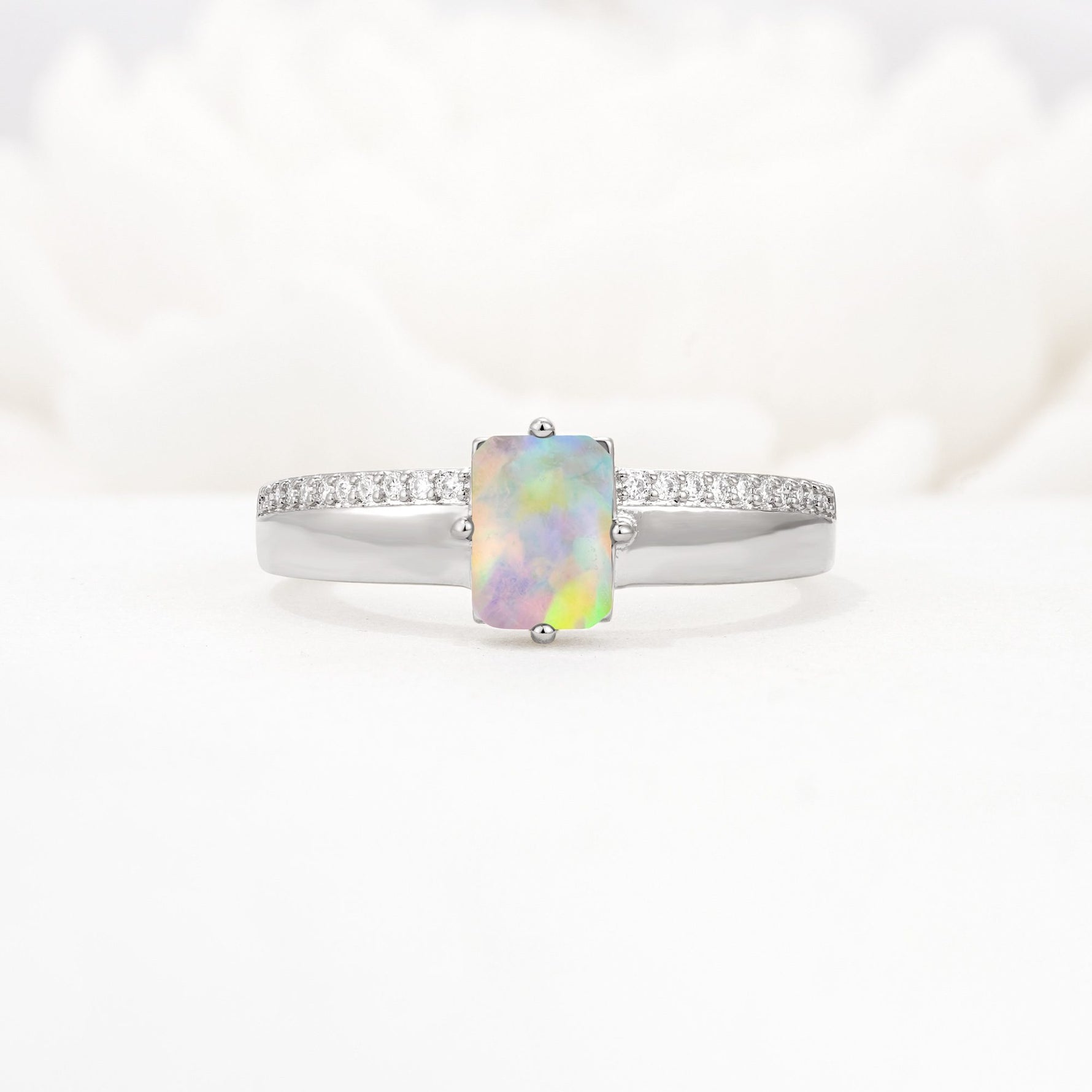 Emerald Cut Fire Opal Tapered Pavé Solitaire Engagement Ring - Additional view