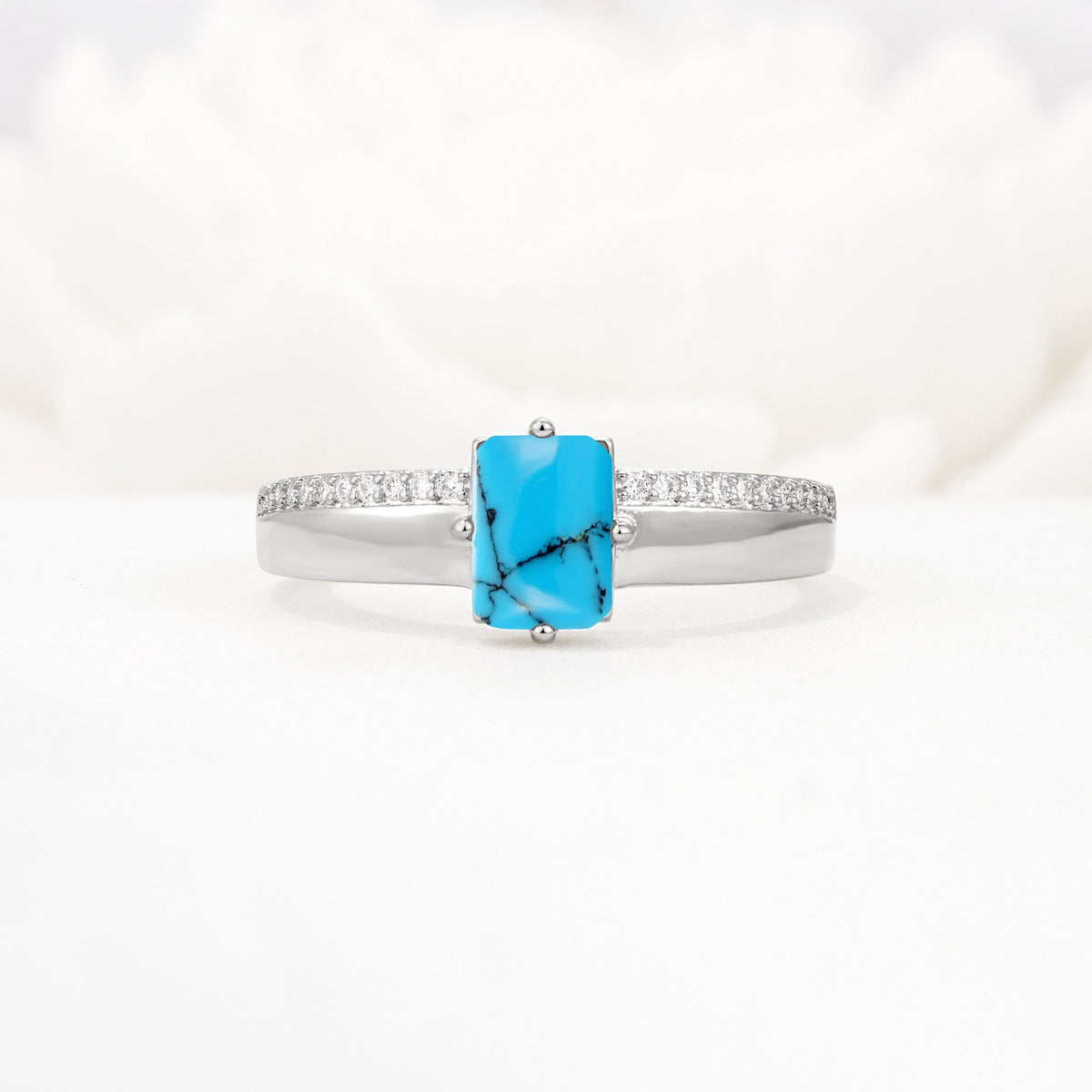 Emerald Cut Turquoise Tapered Pavé Solitaire Engagement Ring - Additional view
